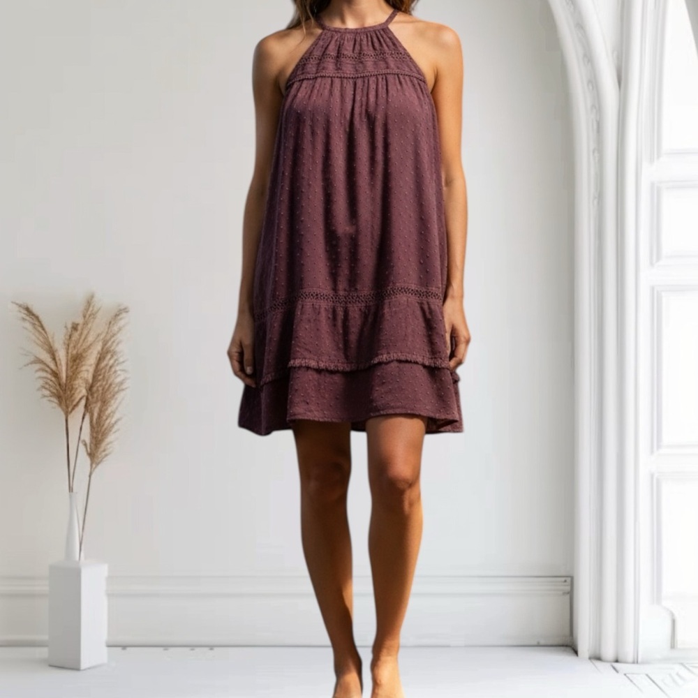 LOFT Swiss Dot Halter Swing Dress Mini Boho Plum Purple MP Medium Petite NWT